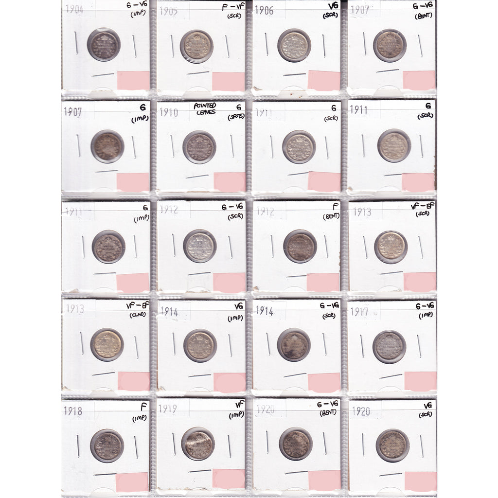 Lot of 20x 1904-1920 Canada 5-cents, G to VF-EF, 20Pcs. (Impaired)