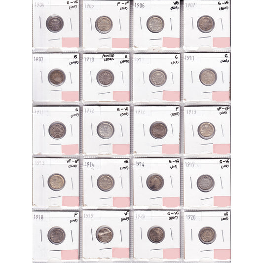 Lot of 20x 1904-1920 Canada 5-cents, G to VF-EF, 20Pcs. (Impaired)