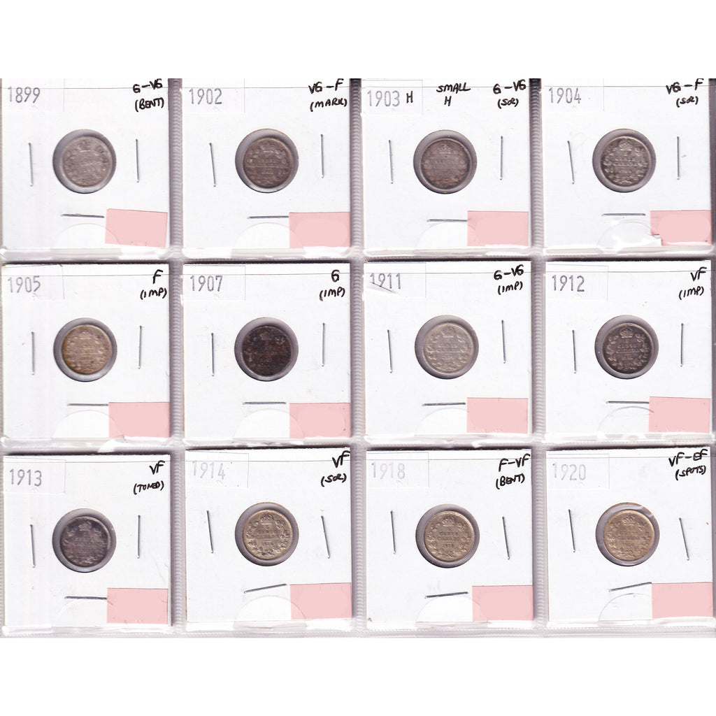 Lot of 12x 1899-1920 Canada 5-cents, G to VF-EF, 12Pcs. (Impaired)