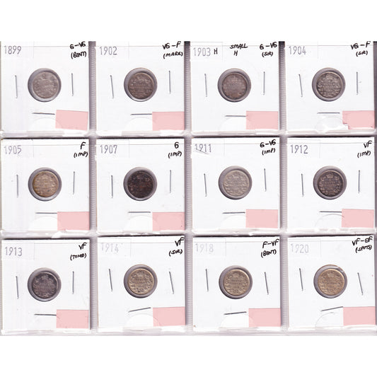 Lot of 12x 1899-1920 Canada 5-cents, G to VF-EF, 12Pcs. (Impaired)