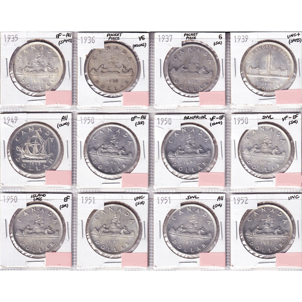 Lot of 12x 1935-1952 Canada Dollar, G to UNC+, 12Pcs. (Impaired)