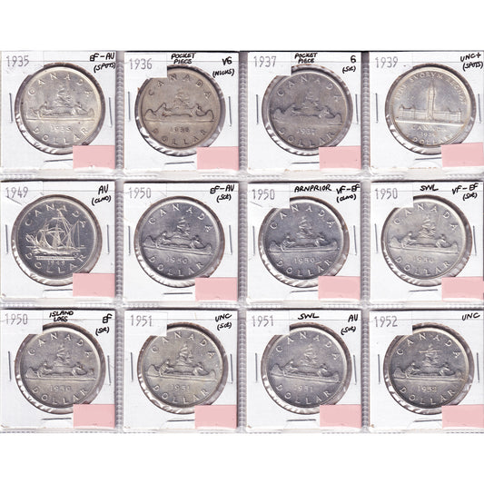 Lot of 12x 1935-1952 Canada Dollar, G to UNC+, 12Pcs. (Impaired)