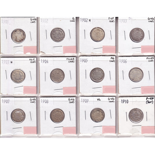 Lot of 12x 1901-1910 Canada 10-cents, Filler to F-VF, 12Pcs. (Impaired)