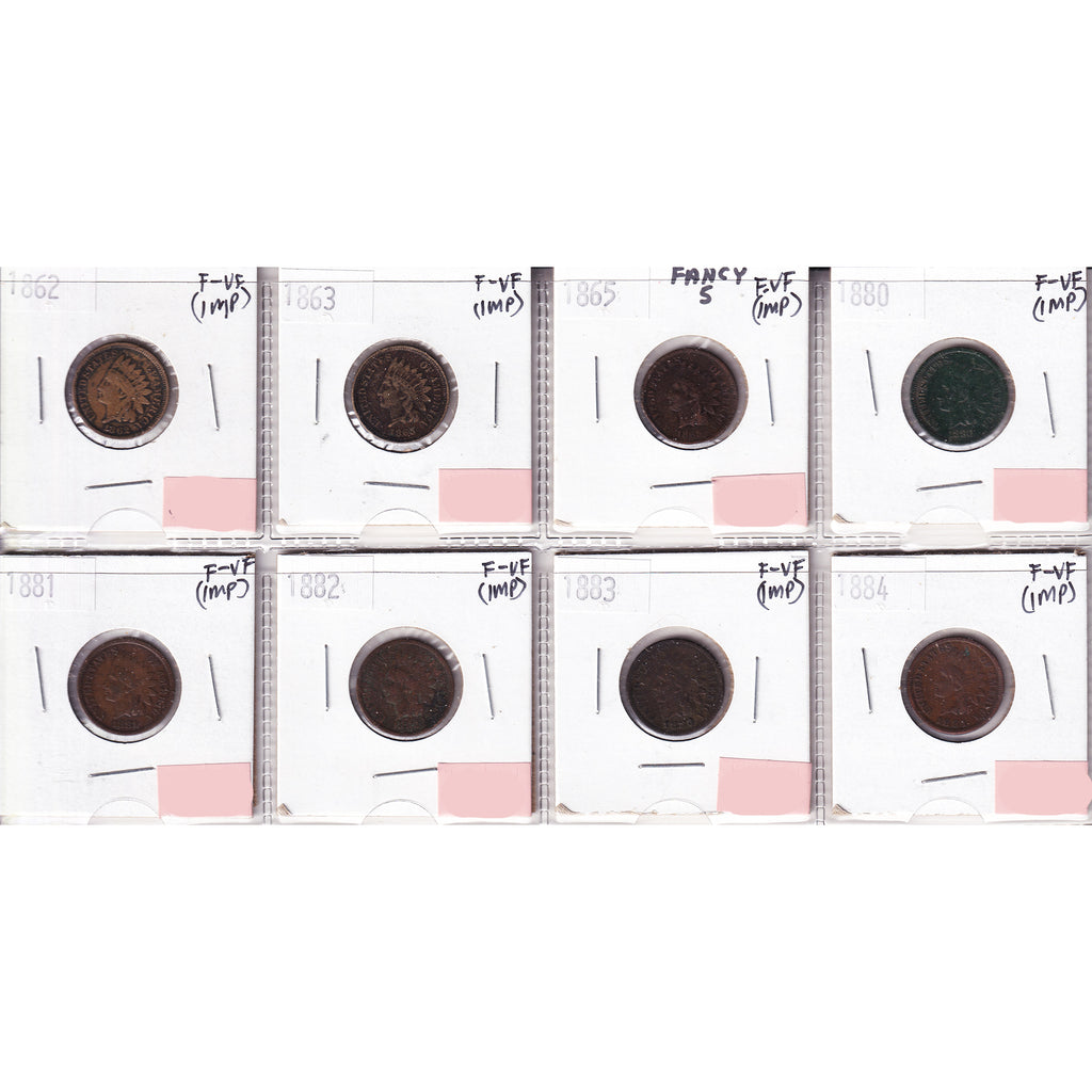 Lot of 8x 1862-1884 USA Cent, All F-VF, 8Pcs. (Impaired)