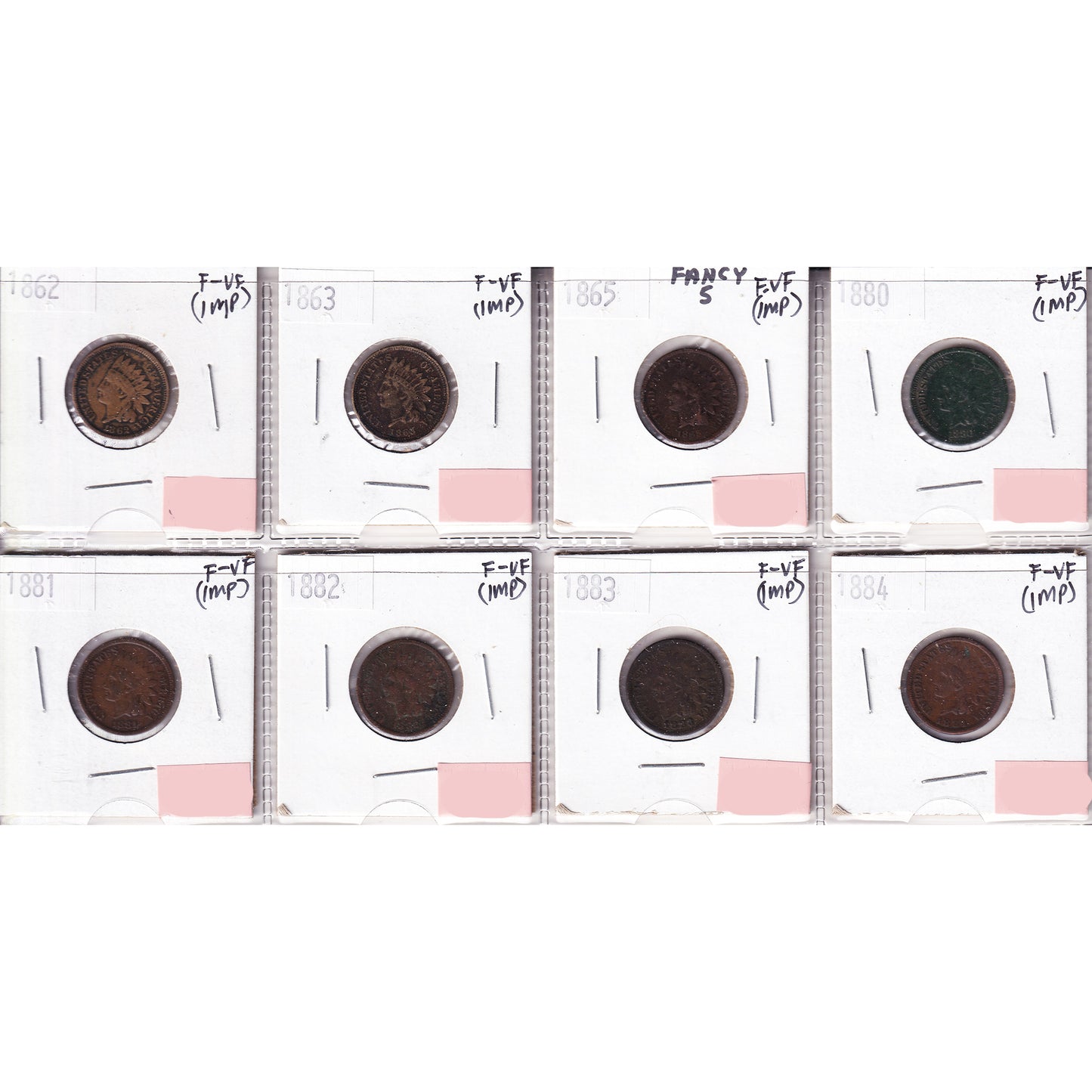 Lot of 8x 1862-1884 USA Cent, All F-VF, 8Pcs. (Impaired)