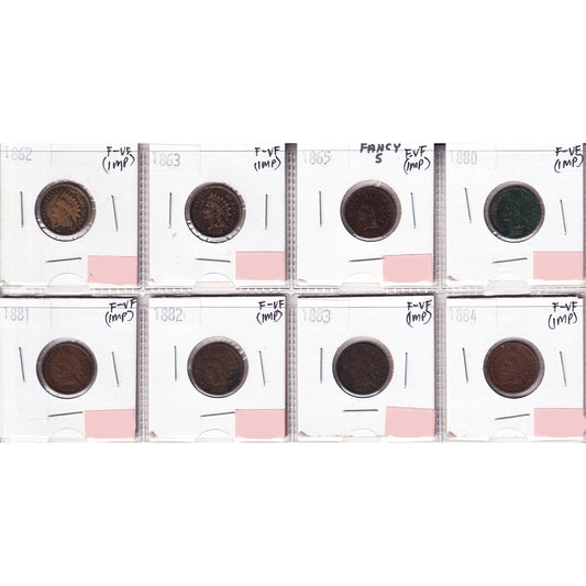 Lot of 8x 1862-1884 USA Cent, All F-VF, 8Pcs. (Impaired)