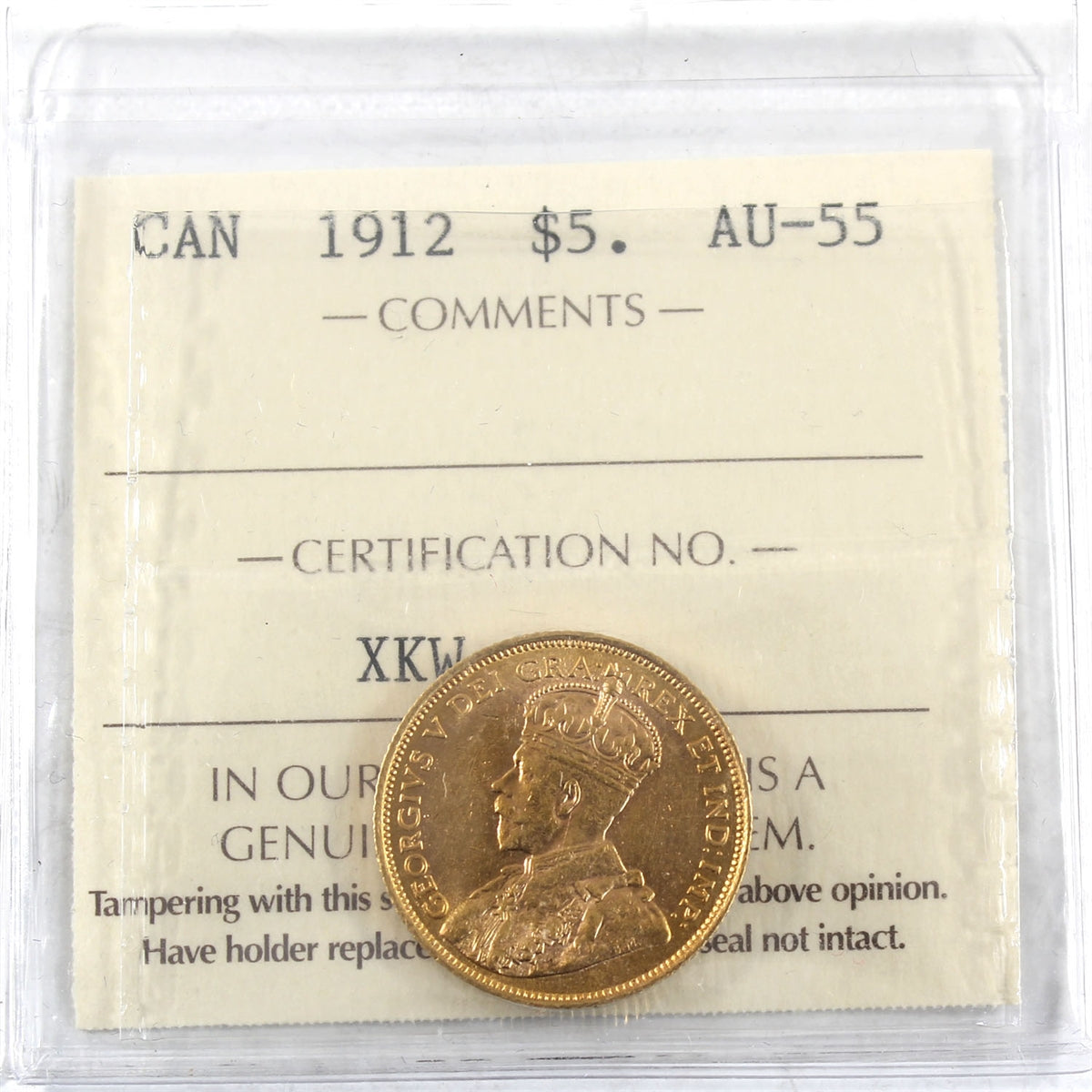 1912 Canada $5 Gold ICCS Certified AU55