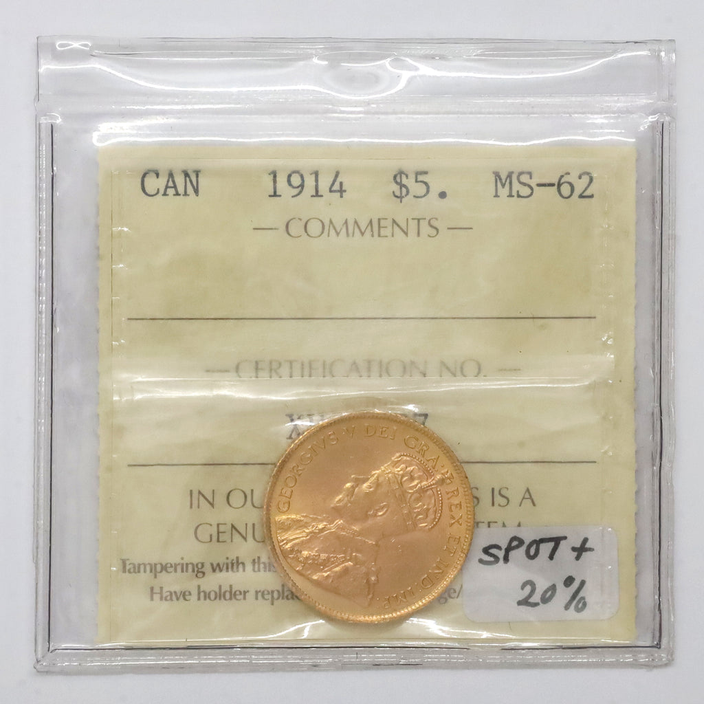 1914 Canada $5 Gold ICCS Certified MS62