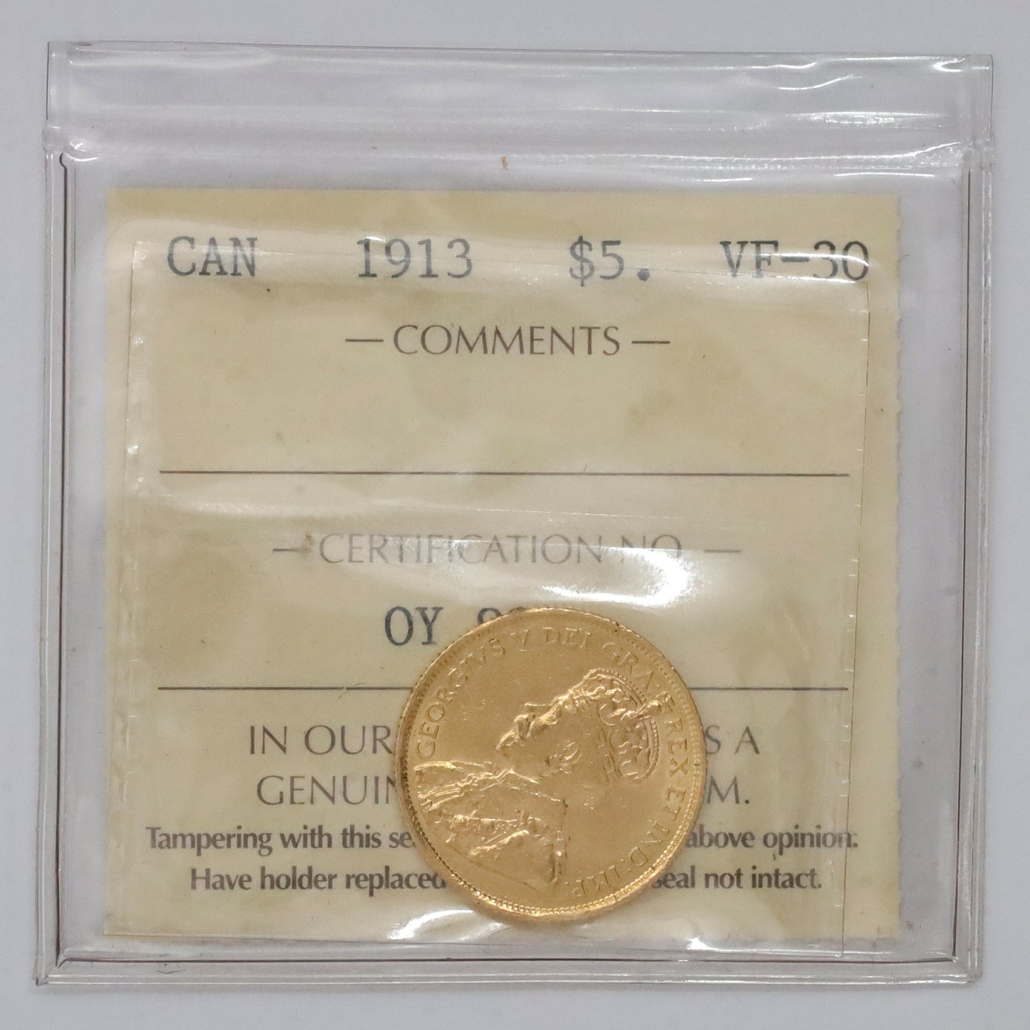 1913 Canada $5 Gold ICCS Certified VF30