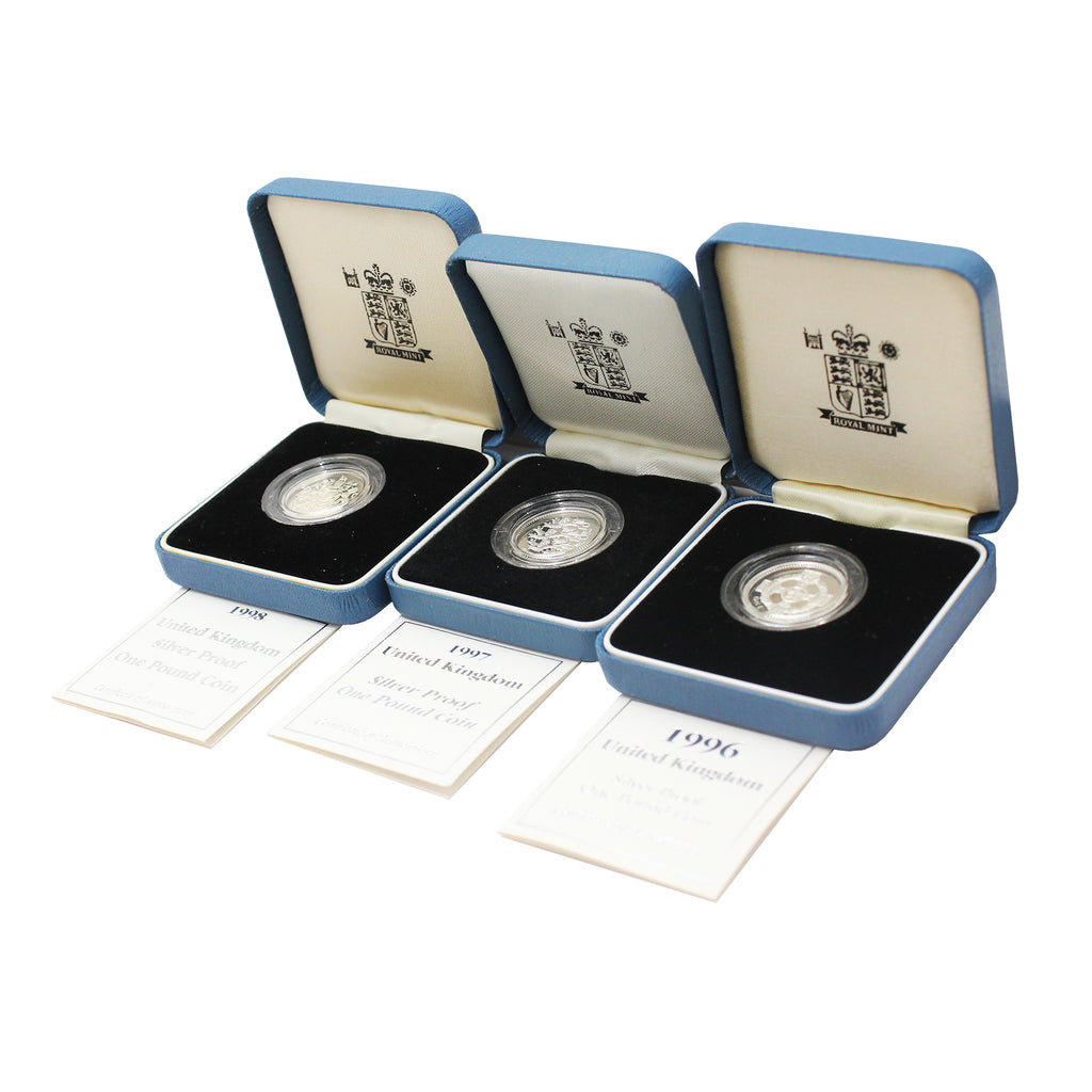 Lot of 3x 1996-1998 UK £1 Silver Proof Coins in Cases, 3Pcs (Issues)