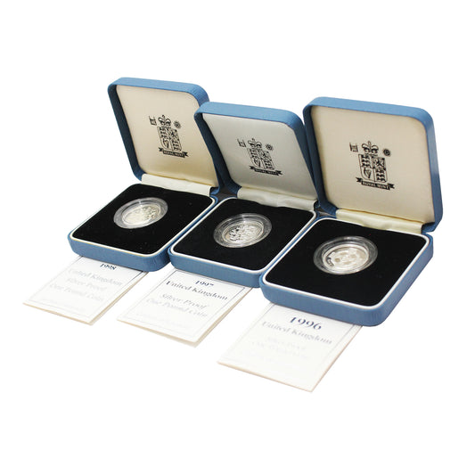 Lot of 3x 1996-1998 UK £1 Silver Proof Coins in Cases, 3Pcs (Issues)