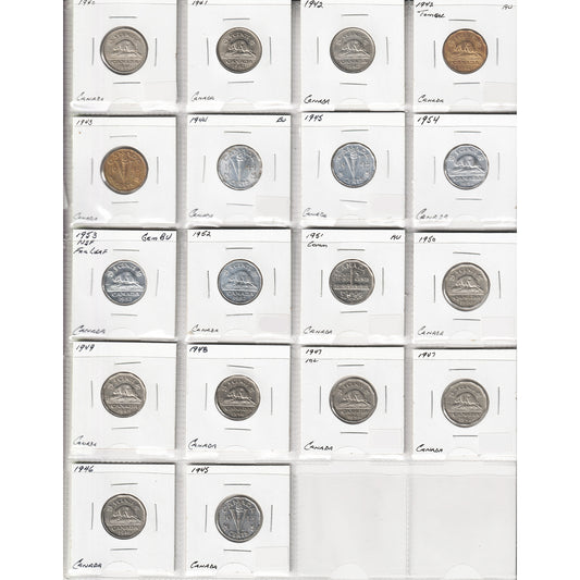 Lot of 18x 1940-1954 Canada 5-cents, Most Ungraded, 18Pcs (1 repeat)