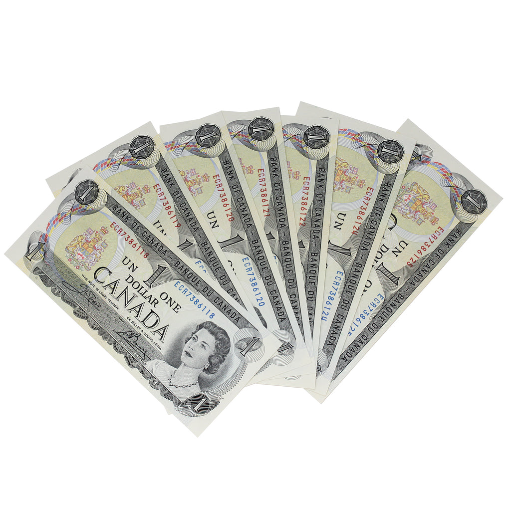 8x Sequential 1973 Canada $1 Notes, Crow-Bouey, ECR, AU to UNC, 8Pcs
