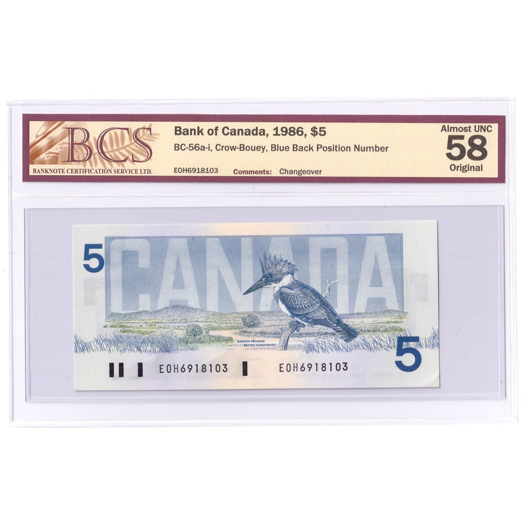 BC-56a-i 1986 Canada $5 C-B, Changeover, EOH Blue BPN, BCS Cert. AU58 Original