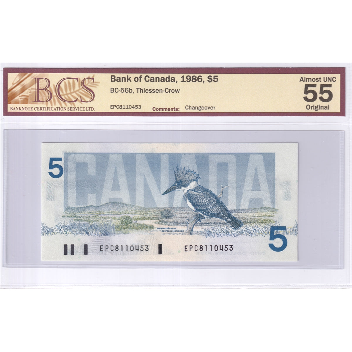 BC-56b 1986 Canada $5 Thiessen-Crow, Changeover, EPC, BCS Certified AU55 Original
