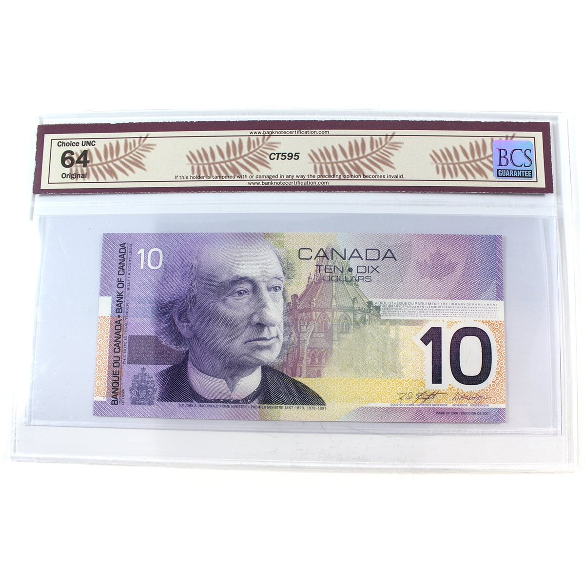 BC-63bA 2001 Canada $10 K-D, Replacement, FEC (9.80M-10.0M), BCS Cert CUNC64 Orig