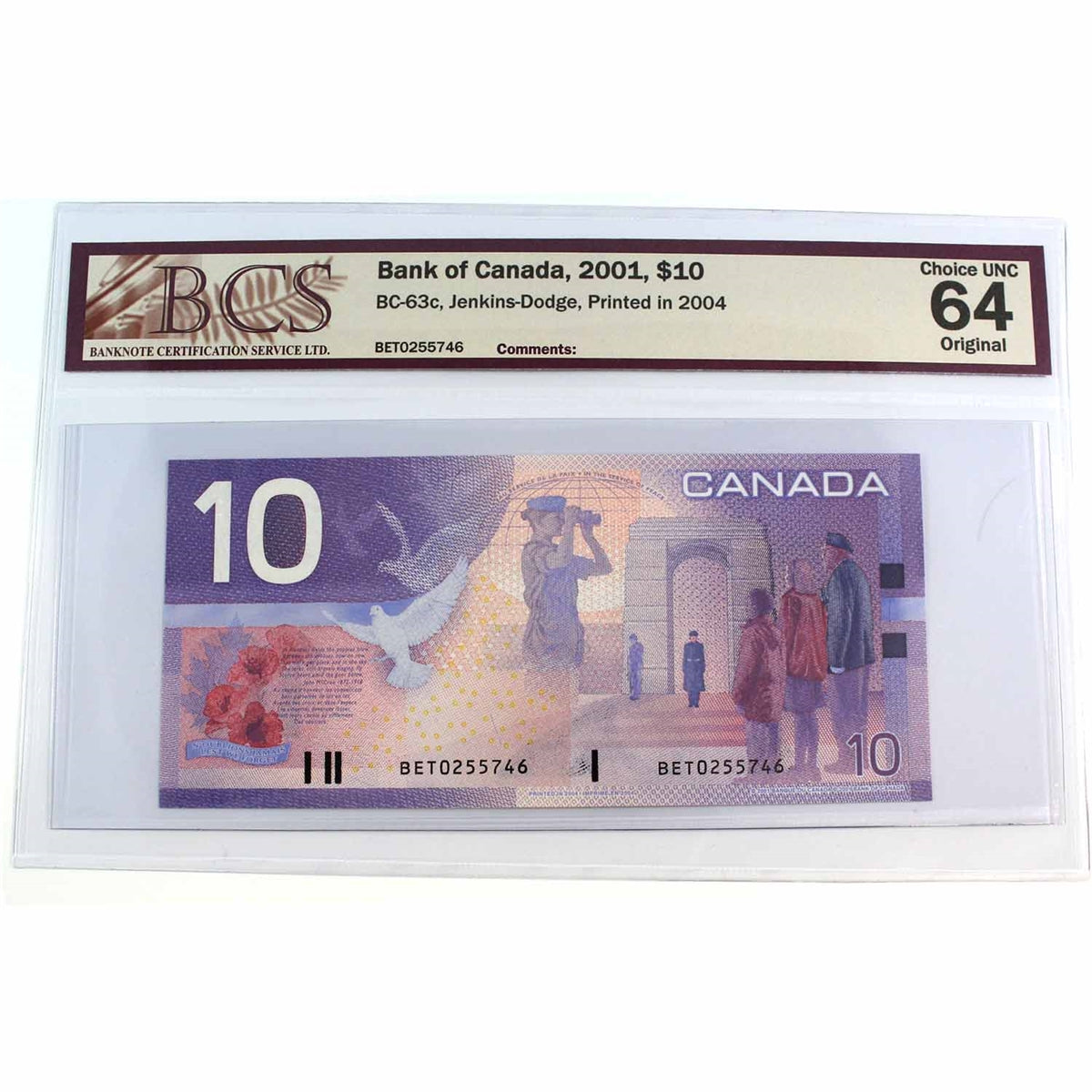 BC-63c 2001 Canada $10 Jenkins-Dodge, BET, BCS Certified CUNC64, Original