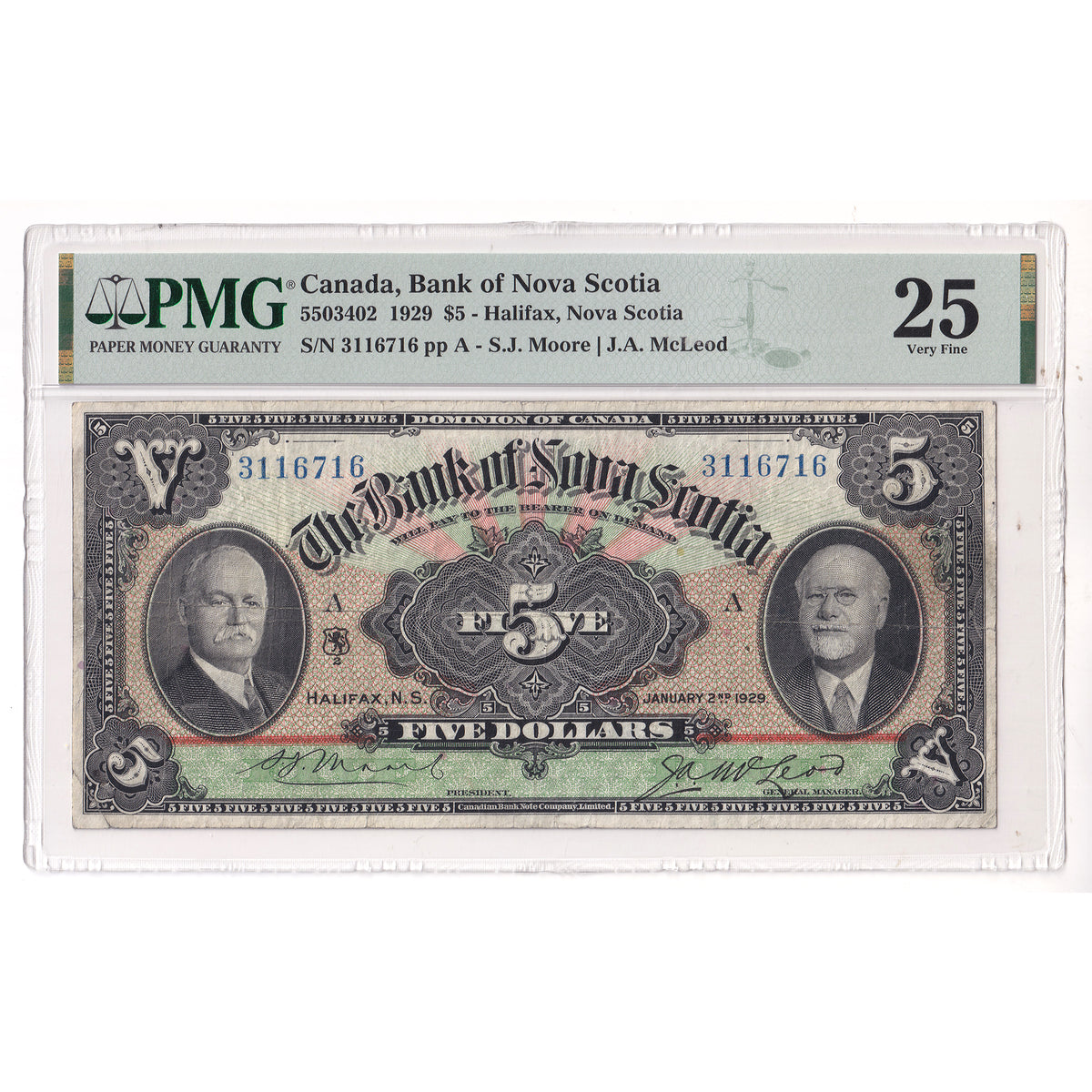 550-34-02 1929 Bank of Nova Scotia $5 Moore-McLeod PMG Cert. VF25 - G.A. White Collection