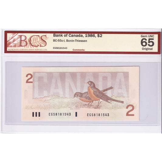 BC-55c-i 1986 Canada $2 Bonin-Thiessen, EGS BCS Certified GUNC-65 Original