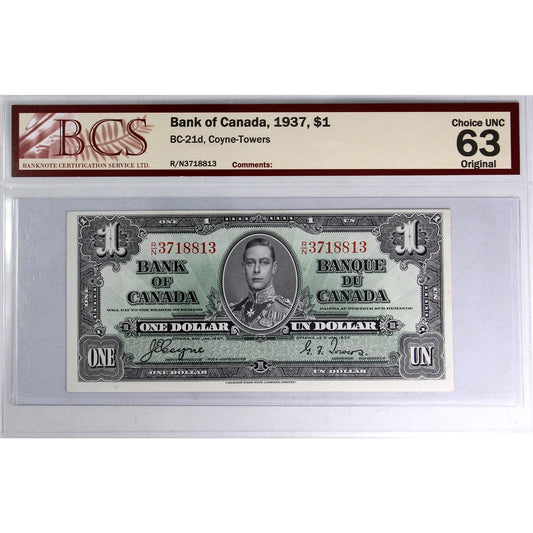 BC-21d 1937 Canada $1 Coyne-Towers, R/N BCS Certified CUNC63 Original
