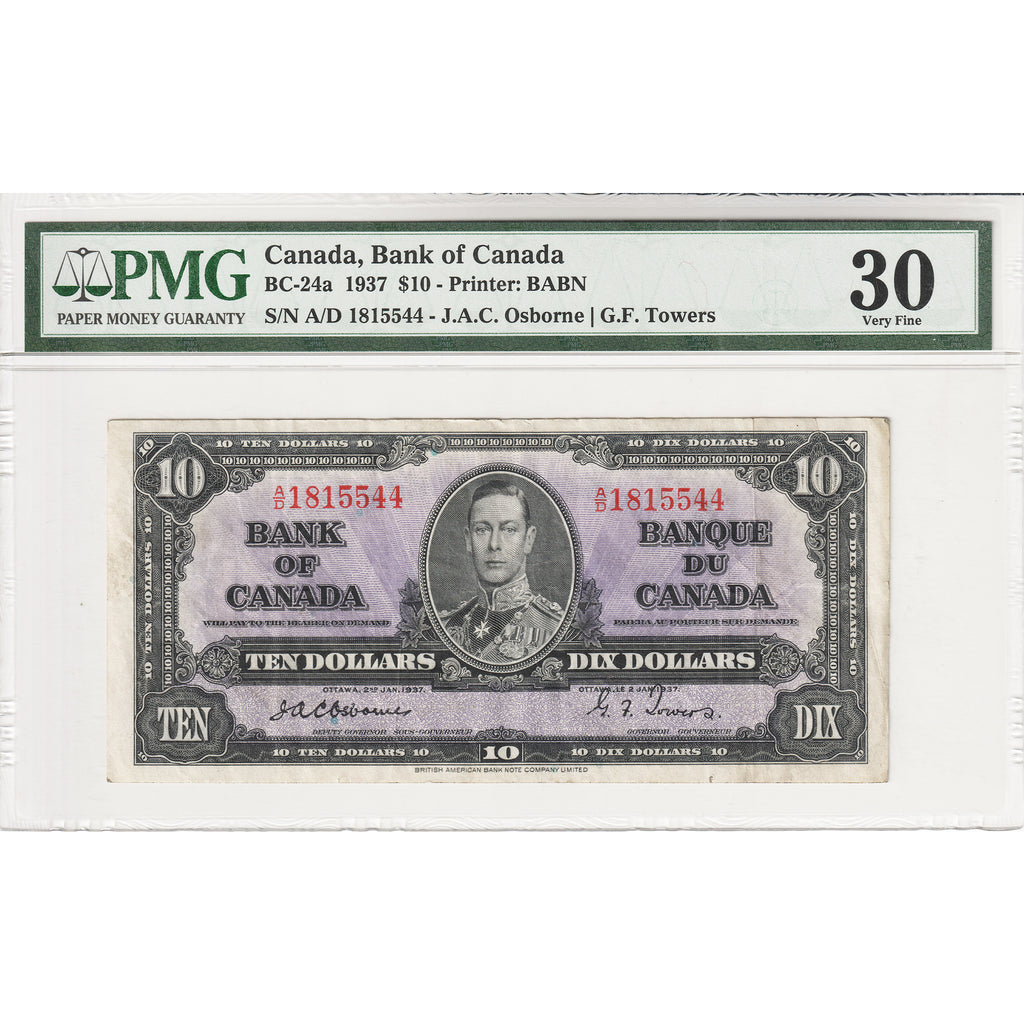 BC-24a 1937 Canada $10 Osborne-Towers, A/D PMG Certified VF30
