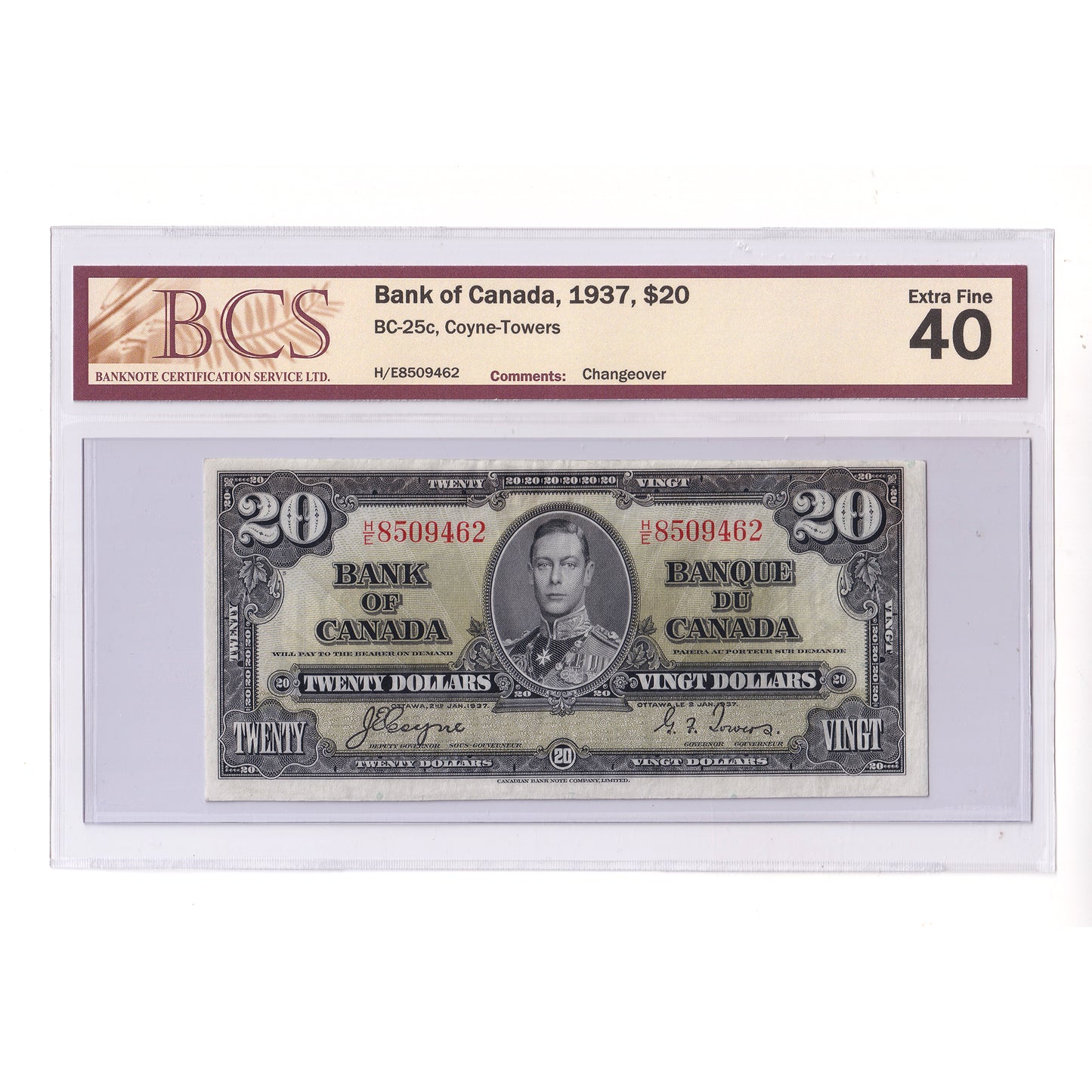 BC-25c 1937 Canada $20 Coyne-Towers, Changeover, H/E BCS Certified EF40