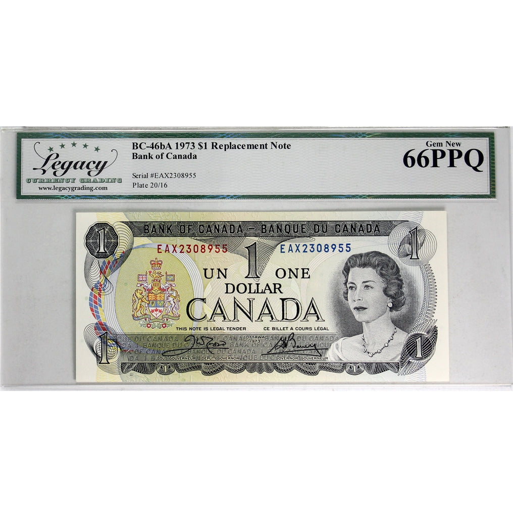 BC-46bA 1973 Canada $1 Crow-Bouey, Replacement, EAX Legacy Certified GUNC66 PPQ