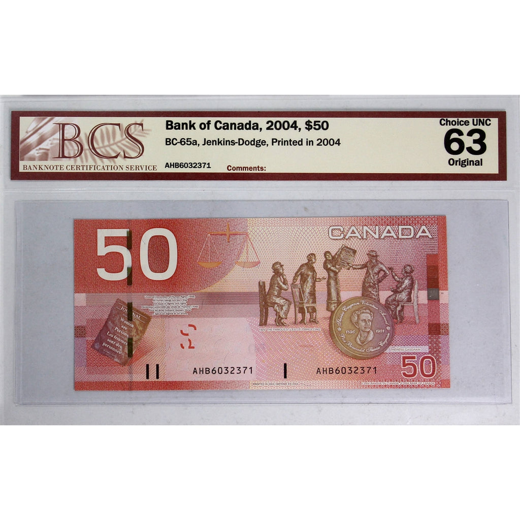 BC-65a 2004 Canada $50 Jenkins-Dodge, AHB BCS Certified CUNC63 Original