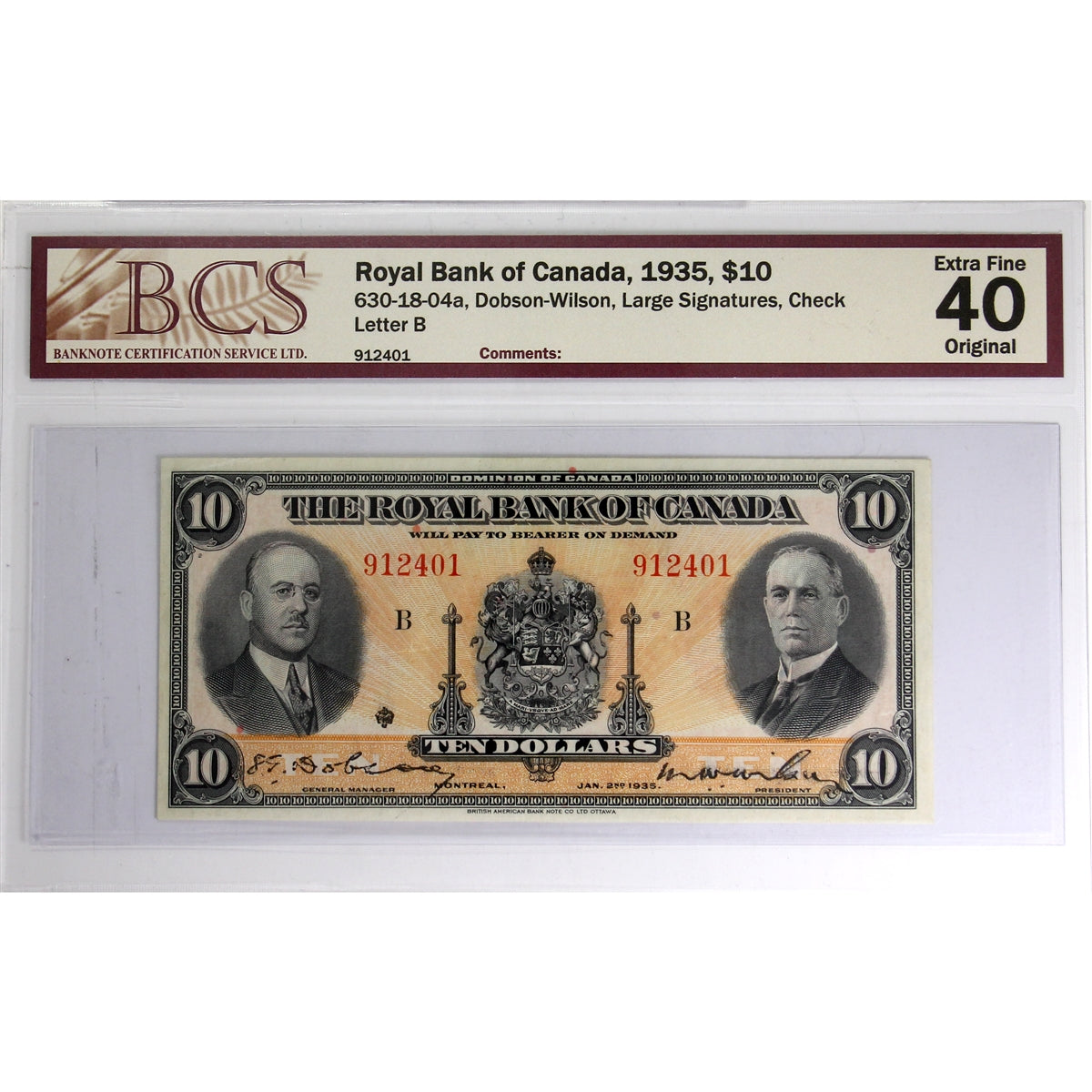 630-18-04a 1935 Royal Bank $5 D-W, Large Signatures, Check B BCS Certified EF40 Original