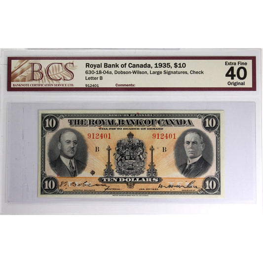 630-18-04a 1935 Royal Bank $5 D-W, Large Signatures, Check B BCS Certified EF40 Original