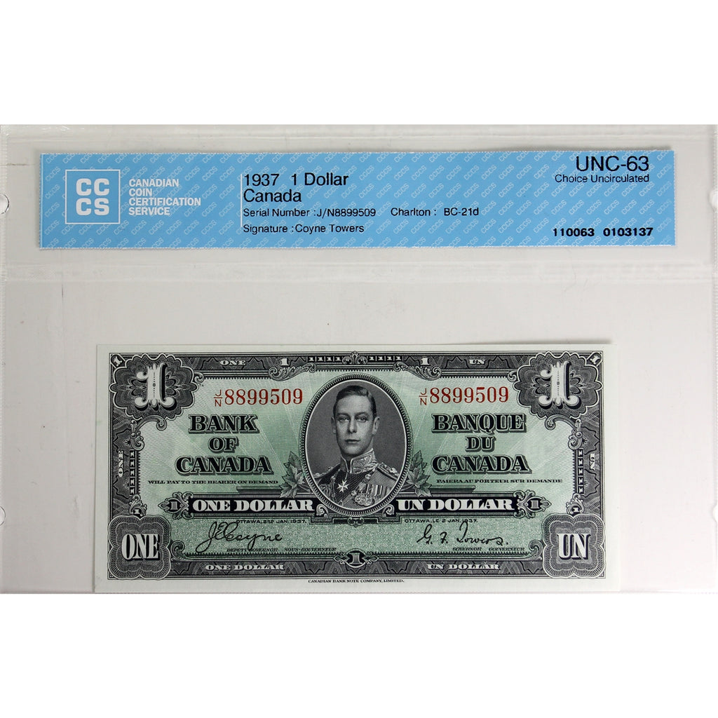 BC-21d 1937 Canada $1 Coyne-Towers, J/N CCCS Certified CUNC63