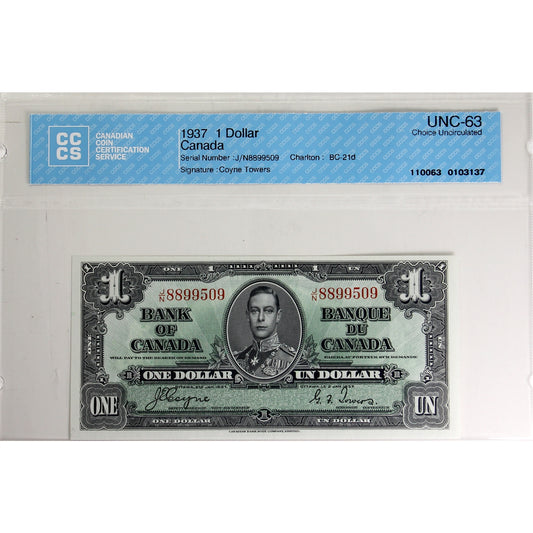BC-21d 1937 Canada $1 Coyne-Towers, J/N CCCS Certified CUNC63