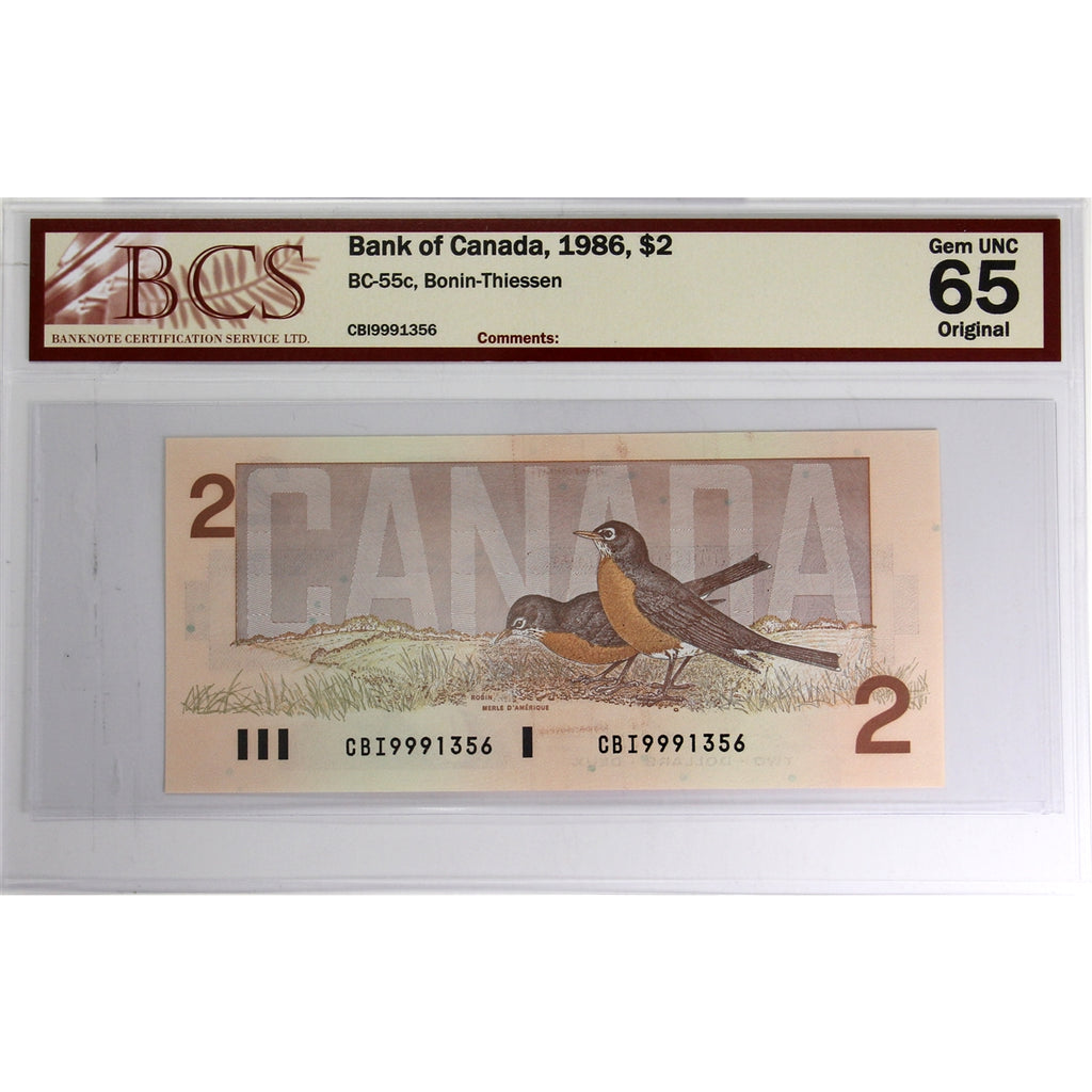 BC-55c 1986 Canada $2 Bonin-Thiessen, CBI BCS Certified GUNC65 Original