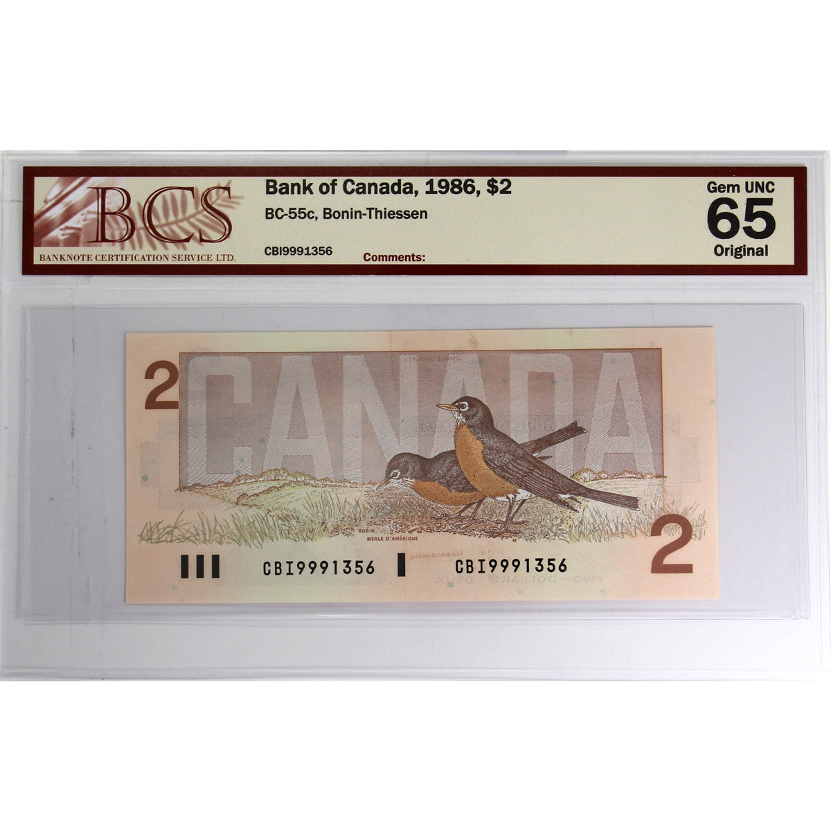 BC-55c 1986 Canada $2 Bonin-Thiessen, CBI BCS Certified GUNC65 Original