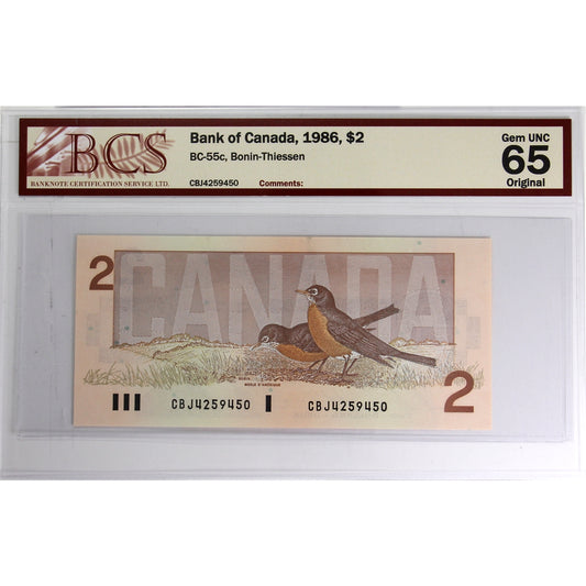 BC-55c 1986 Canada $2 Bonin-Thiessen, CBJ BCS Certified GUNC-65 Original