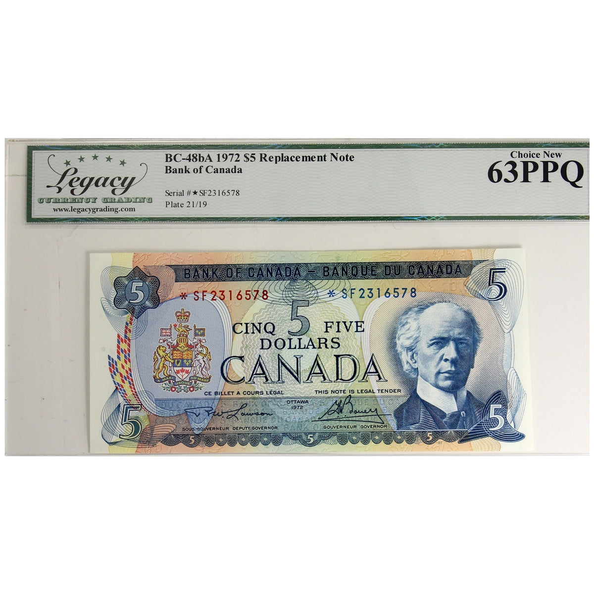 BC-48bA 1972 Canada $5 Lawson-Bouey, Replacement, *SF Legacy Certified CUNC63 PPQ
