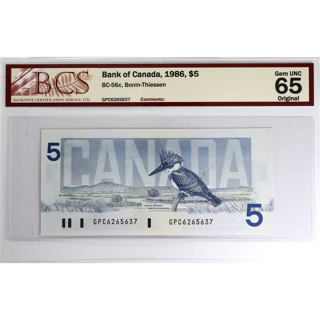 BC-56c 1986 Canada $5 Bonin-Thiessen, GPC BCS Certified GUNC65 Original
