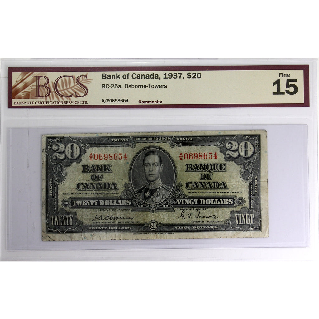BC-25a 1937 Canada $20 Osborne-Towers, A/E BCS Certified F15