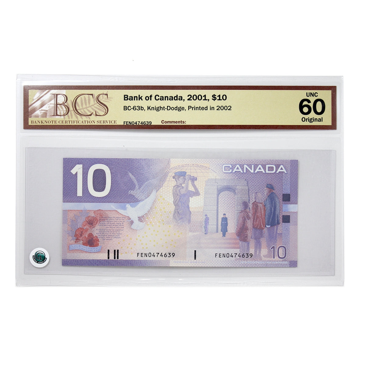BC-63b 2001 Canada $10 Knight-Dodge, Printed in 2002, FEN, BCS Certified UNC60 Original