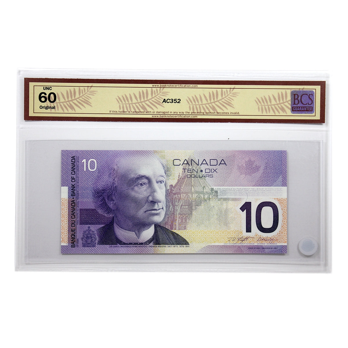 BC-63b 2001 Canada $10 Knight-Dodge, Printed in 2002, FEN, BCS Certified UNC60 Original