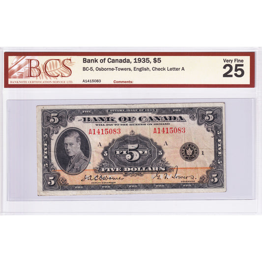 BC-5 1935 Canada $5 Osborne-Towers, English, Series A, Check Letter A BCS Certified VF-25
