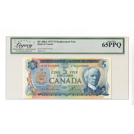 BC-48bA 1972 Canada $5 Lawson-Bouey, Replacement, *SP, Legacy Certified GUNC65 PPQ