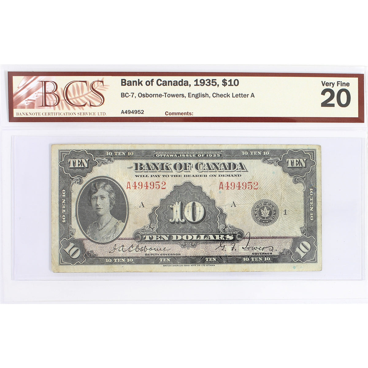 BC-7 1935 Canada $10 Osborne-Towers, English, Check Letter A, BCS Certified VF20