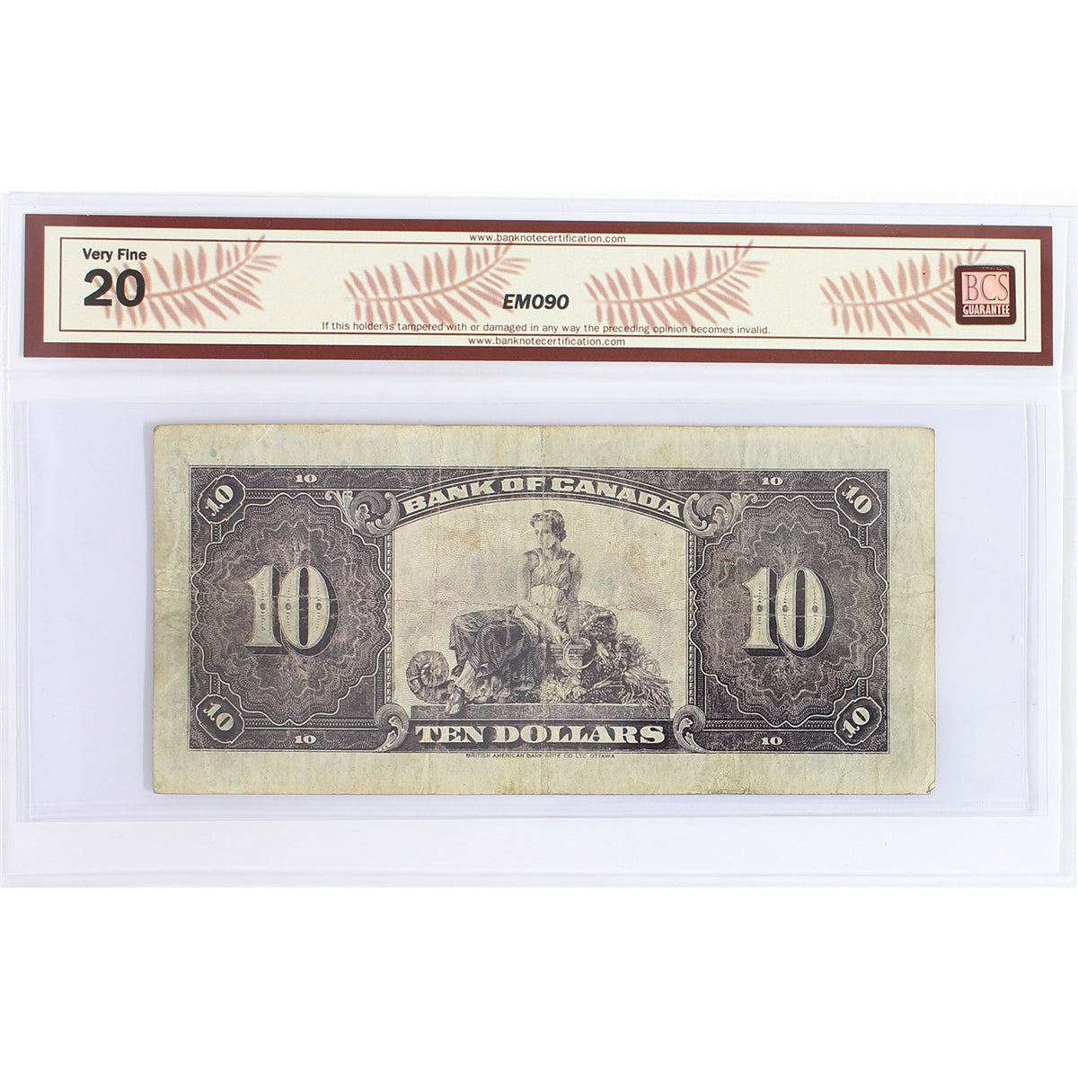 BC-7 1935 Canada $10 Osborne-Towers, English, Check Letter A, BCS Certified VF20
