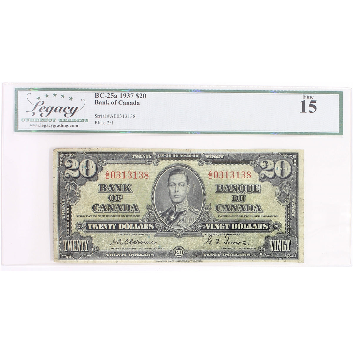 BC-25a 1937 Canada $20 Osborne-Towers, A/E, Legacy Certified F15