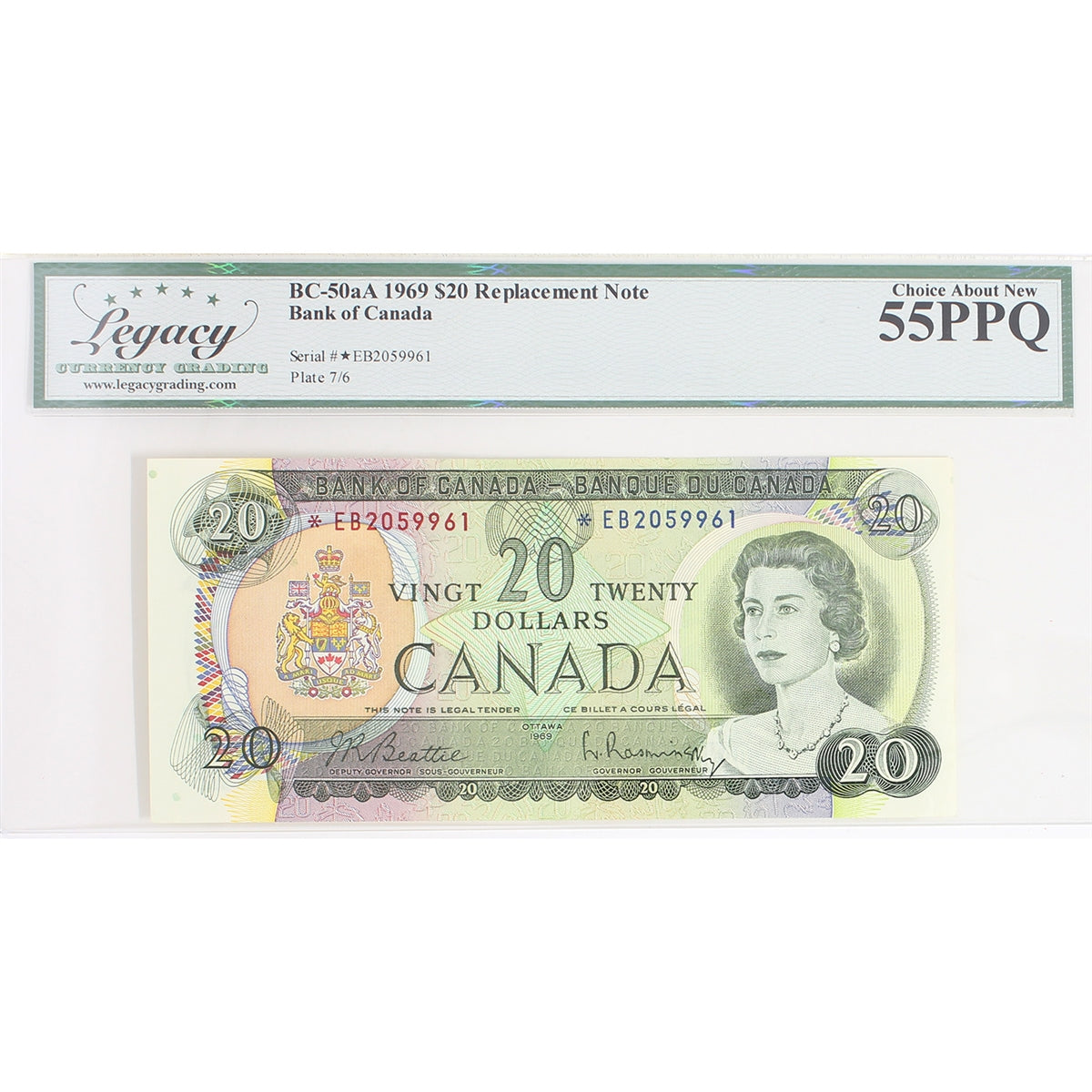 BC-50aA 1969 Canada $20 Beattie-Rasminsky, Replacement, *EB, Legacy Certified AU55 PPQ