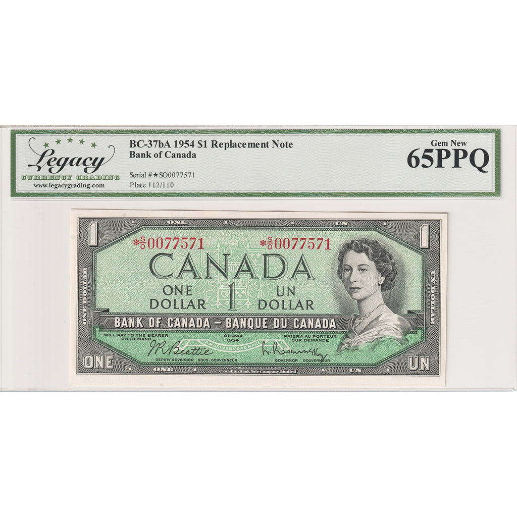 BC-37bA 1954 Canada $1 Beattie-Rasminsky, Replacement, *S/O Legacy Certified GUNC65 PPQ