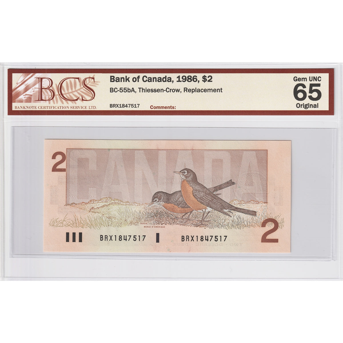 BC-55bA 1986 Canada $2 Thiessen-Crow, Replacement, BRX BCS Certified GUNC65 Original