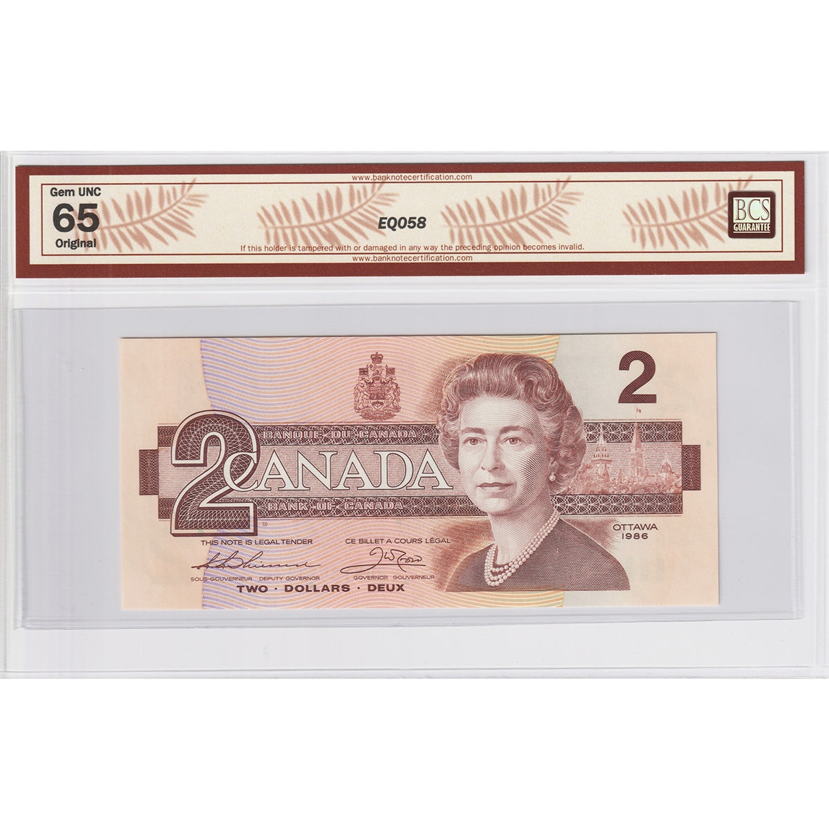 BC-55bA 1986 Canada $2 Thiessen-Crow, Replacement, BRX BCS Certified GUNC65 Original