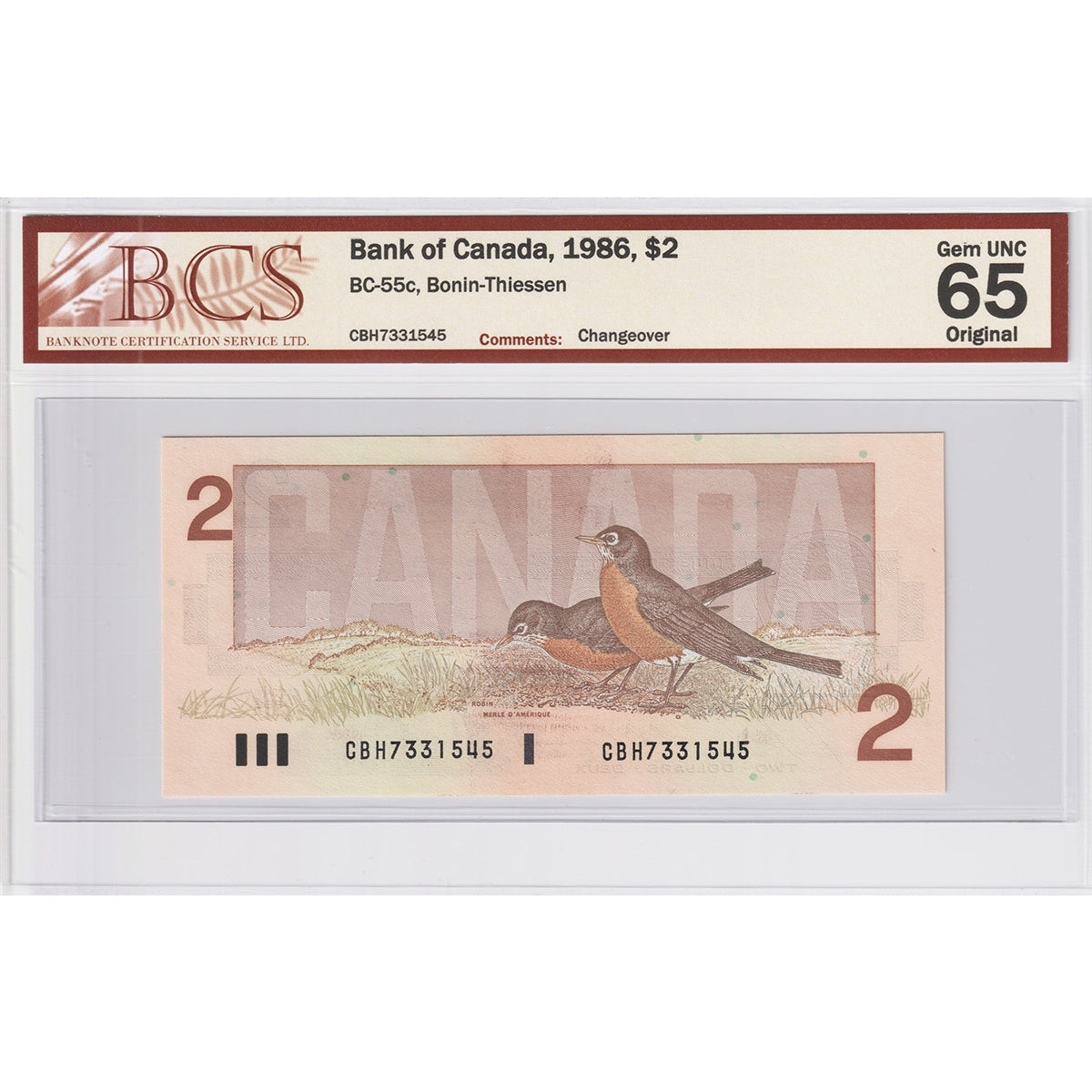 BC-55c 1986 Canada $2 Bonin-Thiessen, Changeover, CBH BCS Certified GUNC65 Original